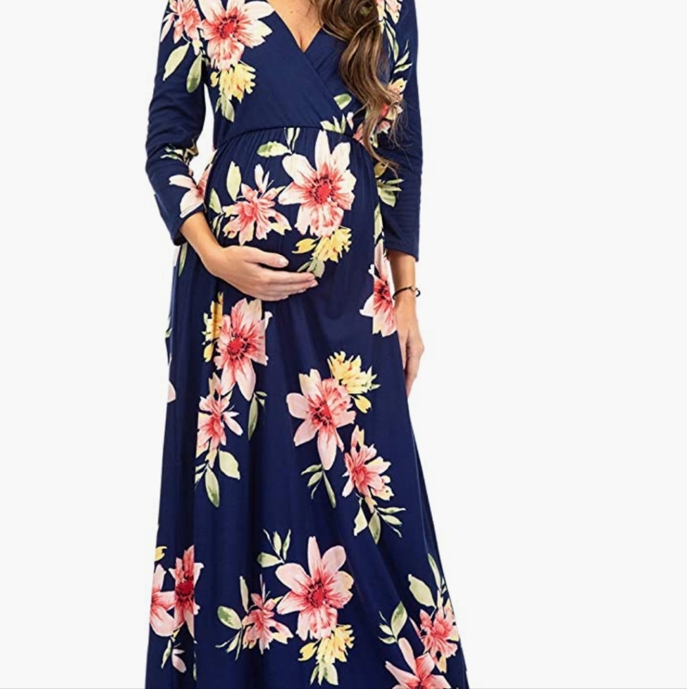 Wrapped Ruched Maternity Dress navy blue with pink flowers
